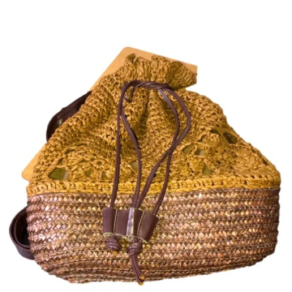 Vintage Handbags - Backpack  Purse Brown Woven Raffia Beach Bag Drawstring Pockets 17x13”